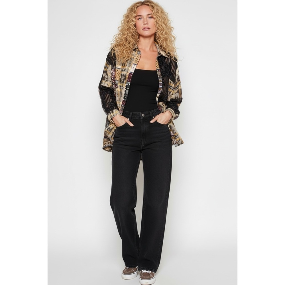 POL Black Patchwork Button Down Shirt | 3D Floral Lace Long Sleeve High Low - Picture 5 of 6